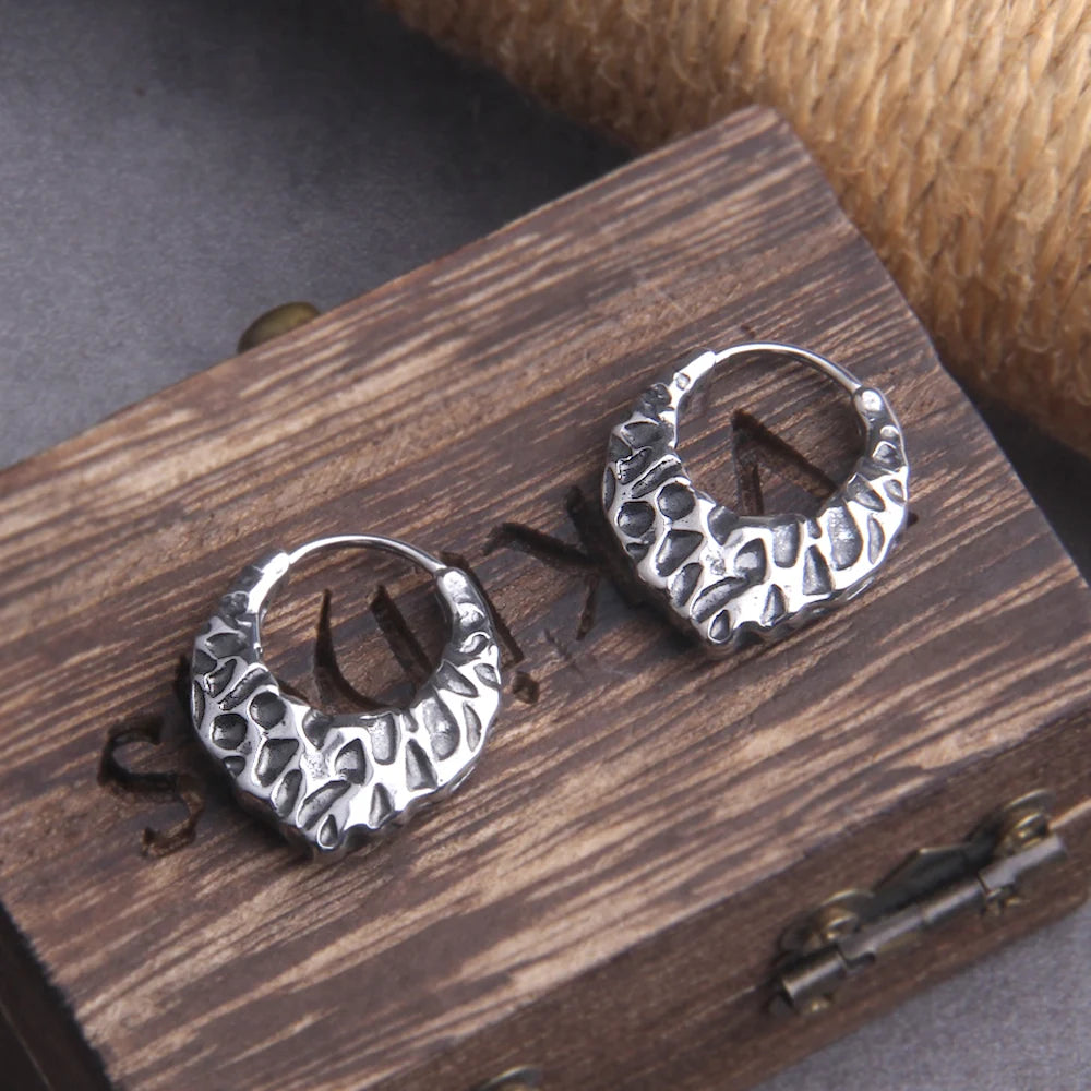 Viking V Stainless Steel Huggie Hoop Earrings for Men with Wooden Box