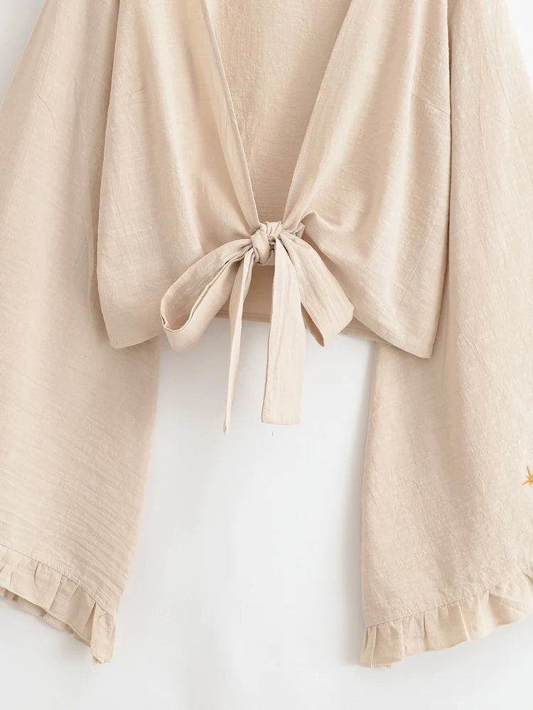 Boho Star Moon Embroidered Short Kimono Wrap Top Ruffled Flare Sleeves Cover-ups