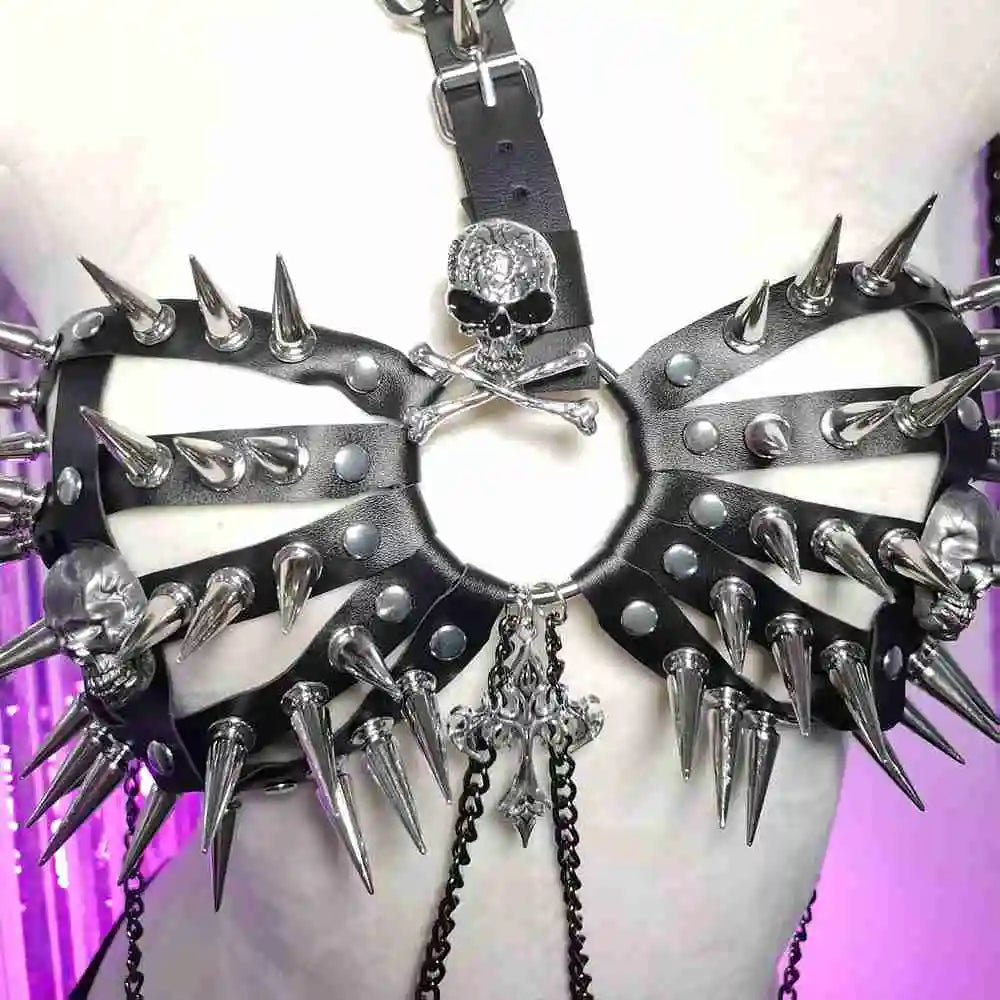 Spike Rivet Studded Goth Punk Rock Grunge Revival Skull Chest Harness