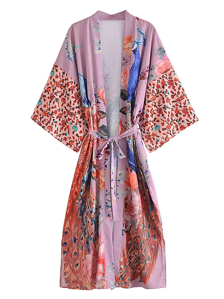 Peacock Floral Print Boho Kimono Cover-ups