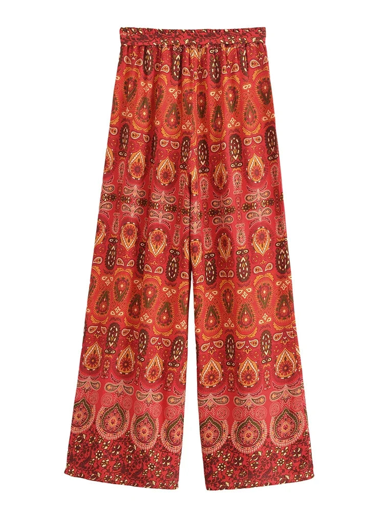 Nuri's Boho Red Floral Print Wide Leg Pants