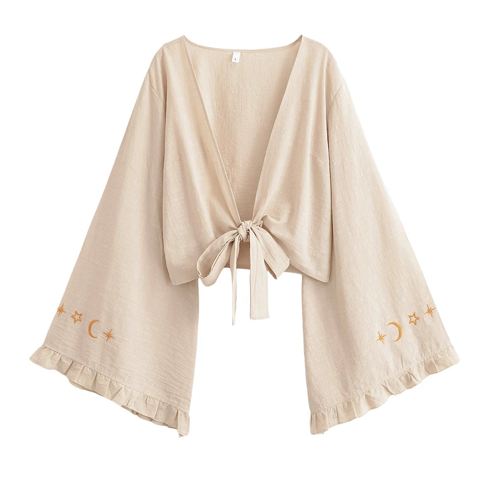 Boho Star Moon Embroidered Short Kimono Wrap Top Ruffled Flare Sleeves Cover-ups