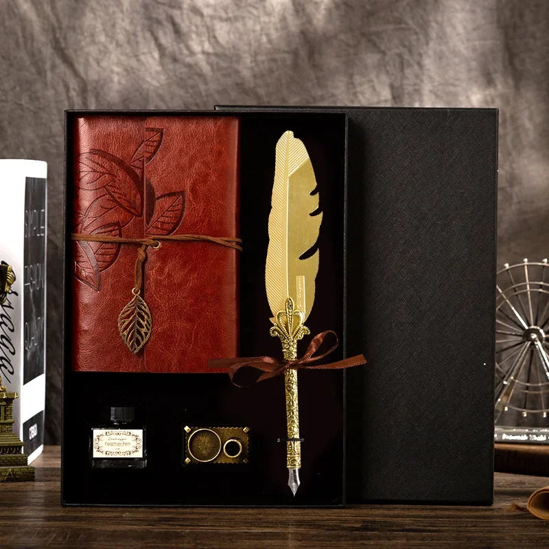 Golden Feather Quill Pens Set Dip Fountain Pens Ink Stationery Writing Gift Box Sets
