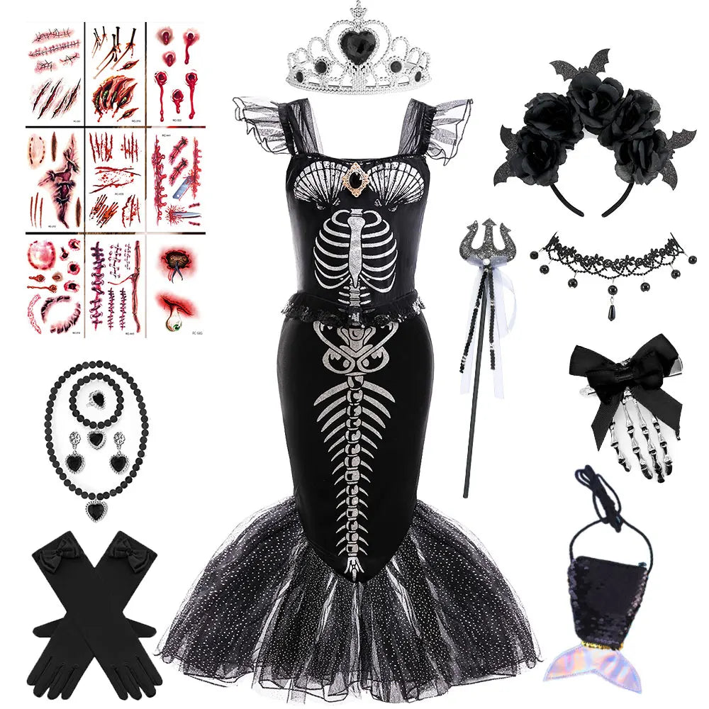 Halloween Mermaid Skeleton Costume Sets Gothic Girls Black Dress