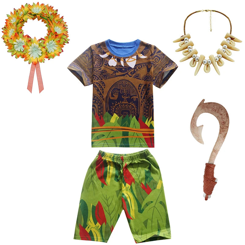 Maui Kids Cosplay 2Pcs Print Moana Boys Swimsuits Top and Shorts Children's Swimwear Book Week Costumes