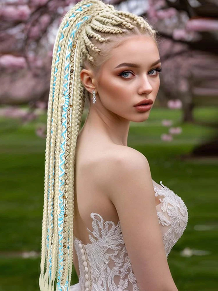 24" Beaded Boho Braided Ponytail Extension Viking Ties Dreadlock Synthetic Hairpiece