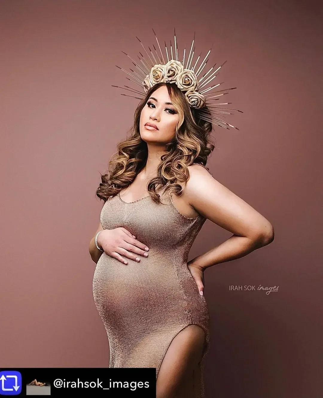 Golden Goddess Pregnancy Dress Knitted Maternity Photoshoot Outfit