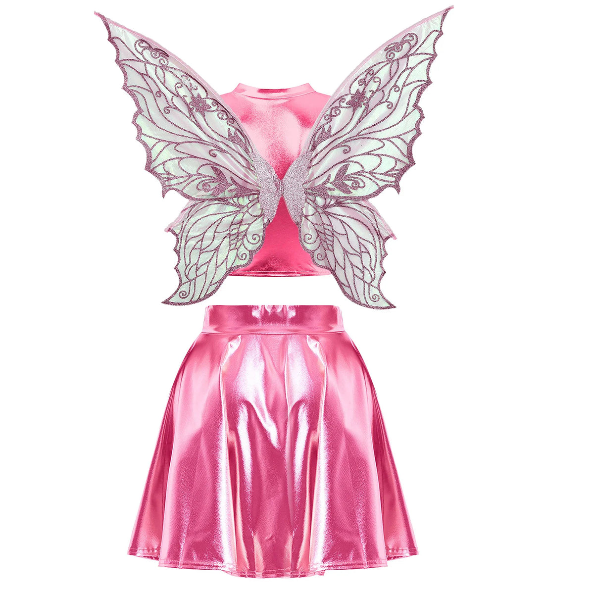 Festival Fairy Cosplay Costume Sleeveless Crop Top, High Waist Flared Skirt And Butterfly Wings Set