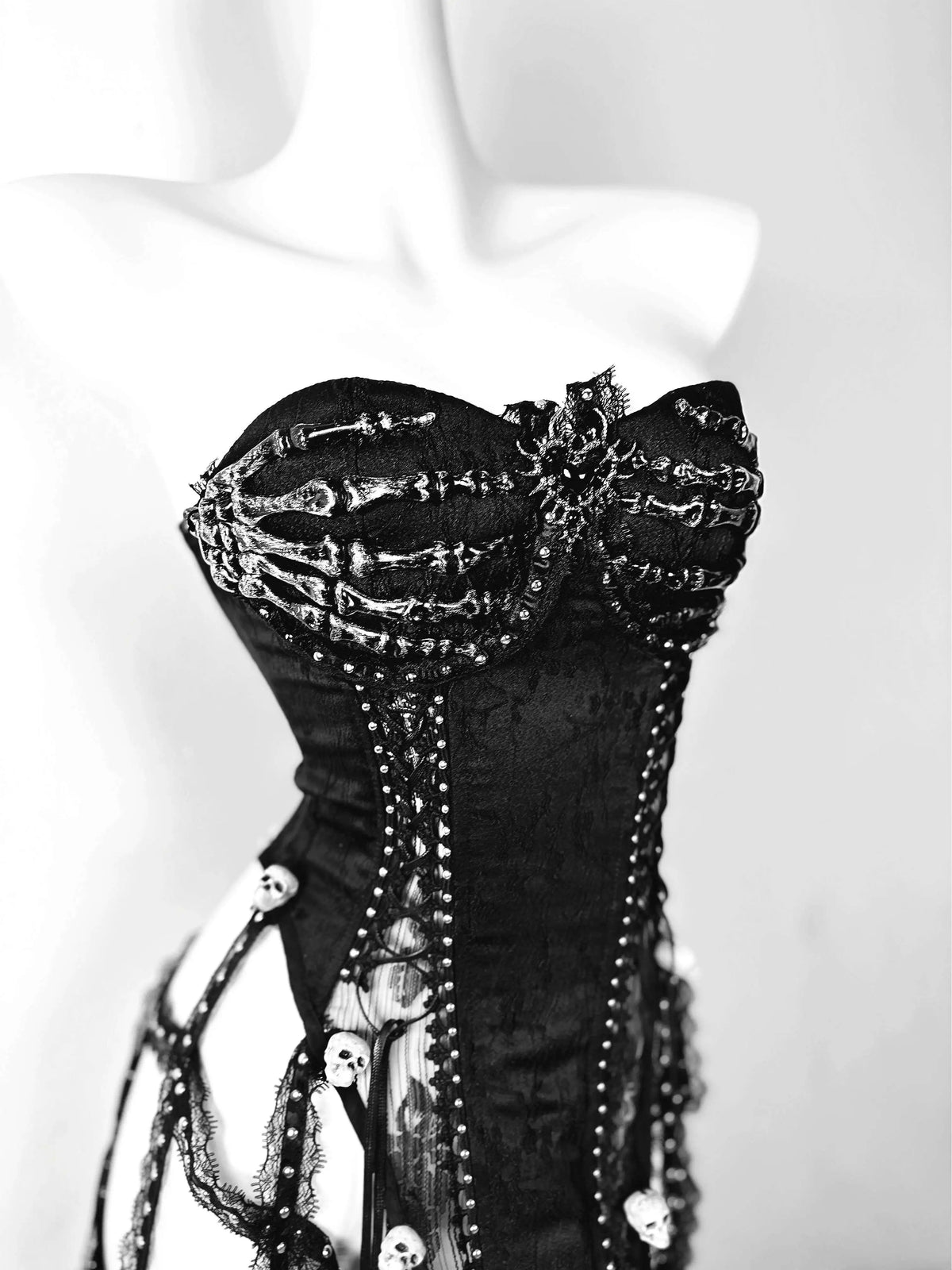 Pure Black Gothic Black Skeleton Hands Laced Corset Top