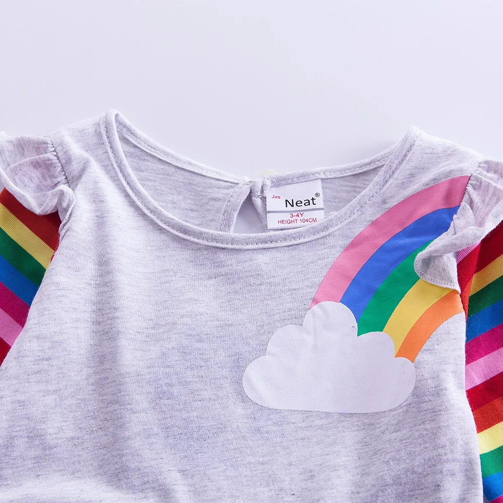 Girls' Long Sleeve Unicorn Dress Two Pockets Rainbow Sleeves