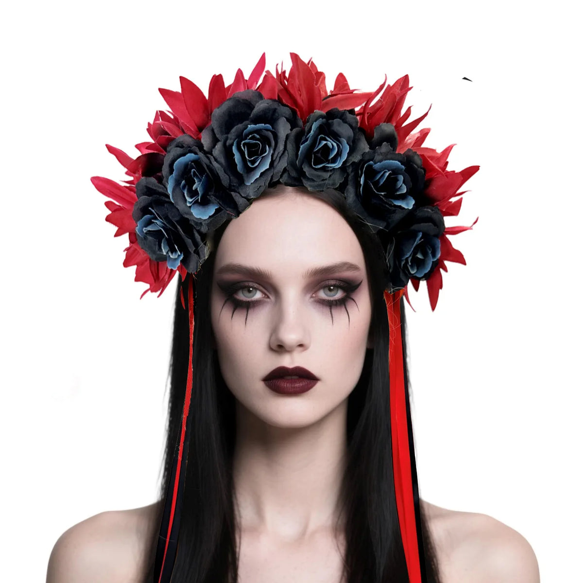 Day Of The Dead Headpiece Ribbons Feathers Floral Crown Headband