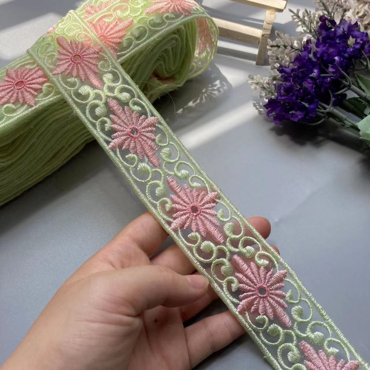 Pale Green & Pinks Embroidered Lace Ribbon DIY Crafts 1 Yard 5cm