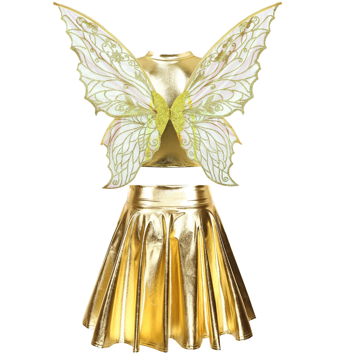 Festival Fairy Cosplay Costume Sleeveless Crop Top, High Waist Flared Skirt And Butterfly Wings Set