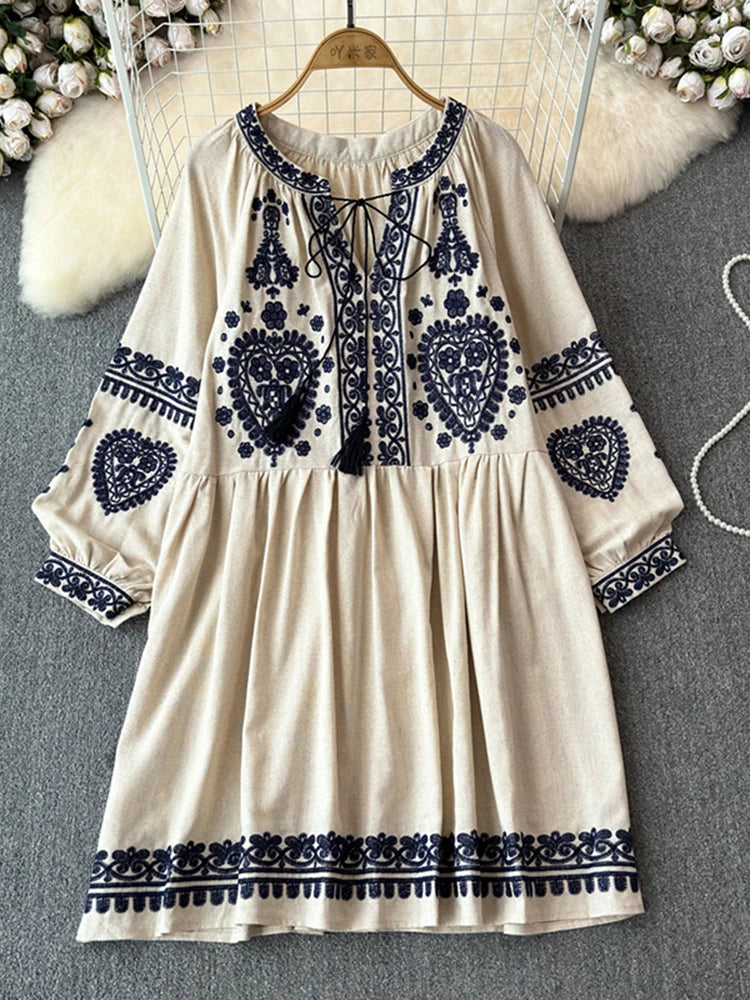 Georgia's Embroidered Boho Cotton Linen Long Sleeves Mini Dress