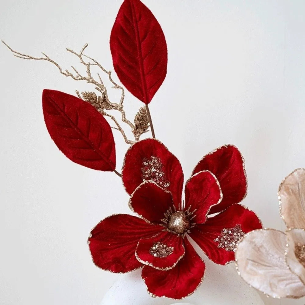 Glitter Christmas Magnolia Artificial Flower Red Gold Handmade Flocking Xmas Decorations