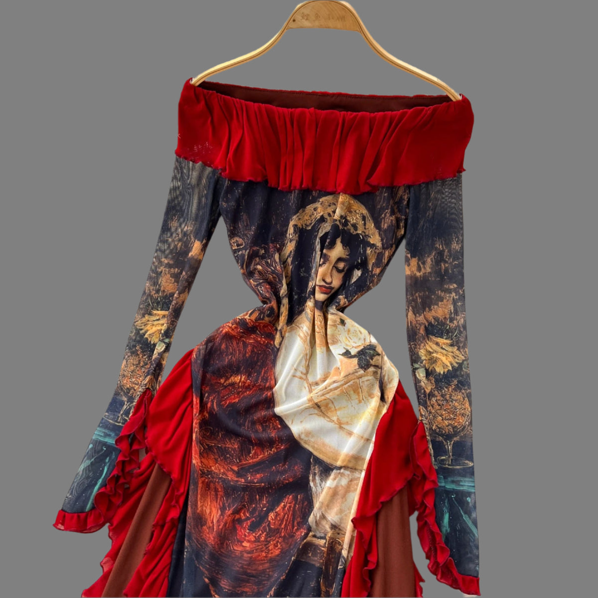 Madelegna's French Renaissance Oil Painting Long Sleeve Dress
