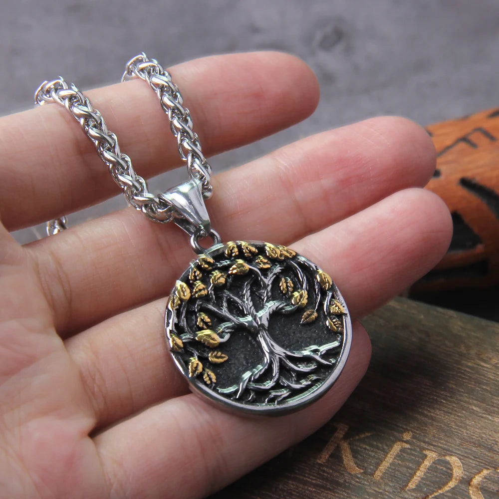 Tree of Life Amulet Stainless Steel Pendant Necklace with Wooden Gift Box