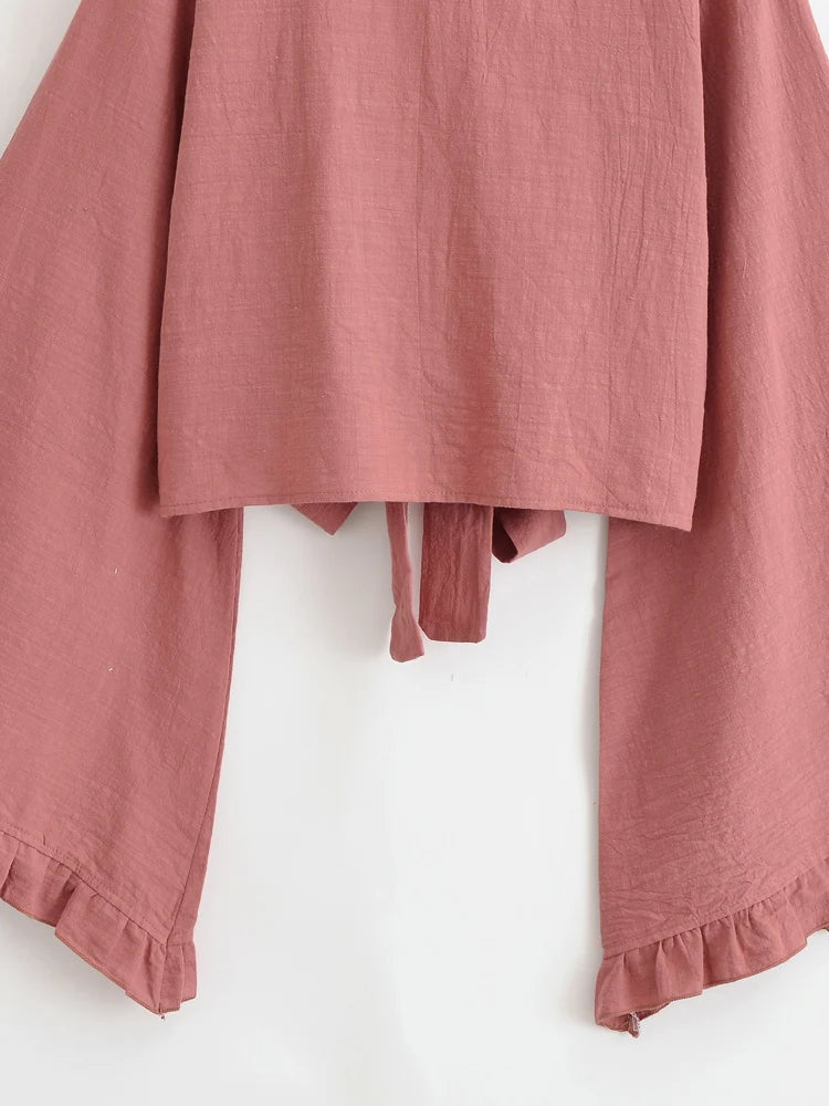 Boho Star Moon Embroidered Short Kimono Wrap Top Ruffled Flare Sleeves Cover-ups