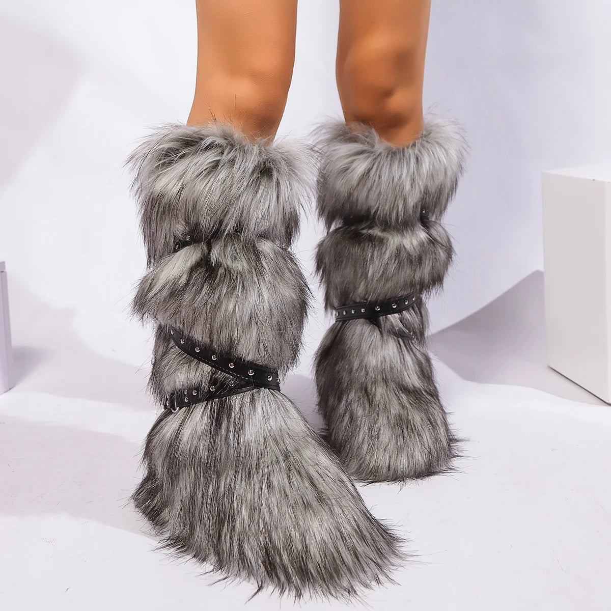 Winter Faux Fur Snow Boots Y2K Punk Rave Furry Shoes