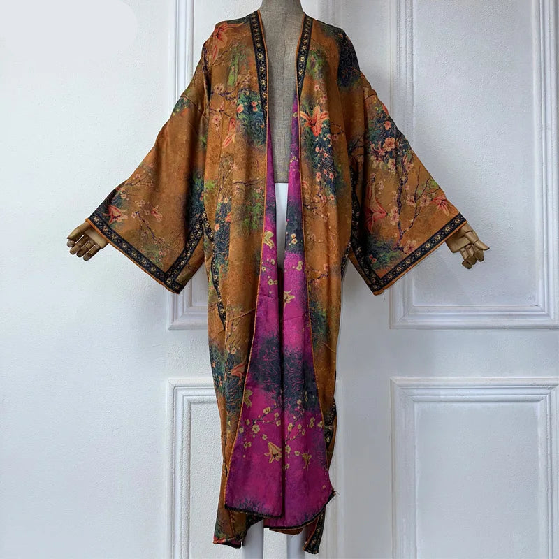Angel's Double-sided Printed Silk Feel Duster Boho Cover Up Long Sleeve Kimono