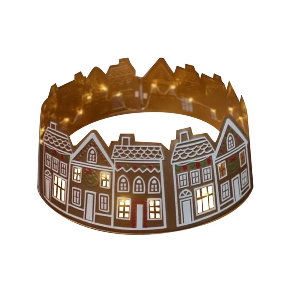 Gingerbread Houses Christmas Tree Collar with LED Lights Xmas Tree Skirt PVC Reusable Xmas Tree Base Cover