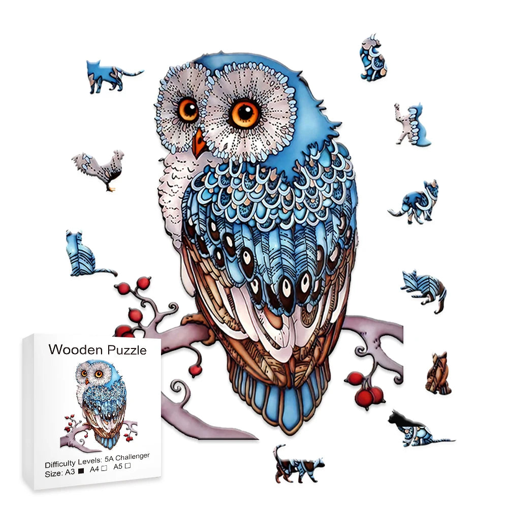 Blue Owl Wooden Jigsaw Puzzles Irregular Animal Shaped Pieces