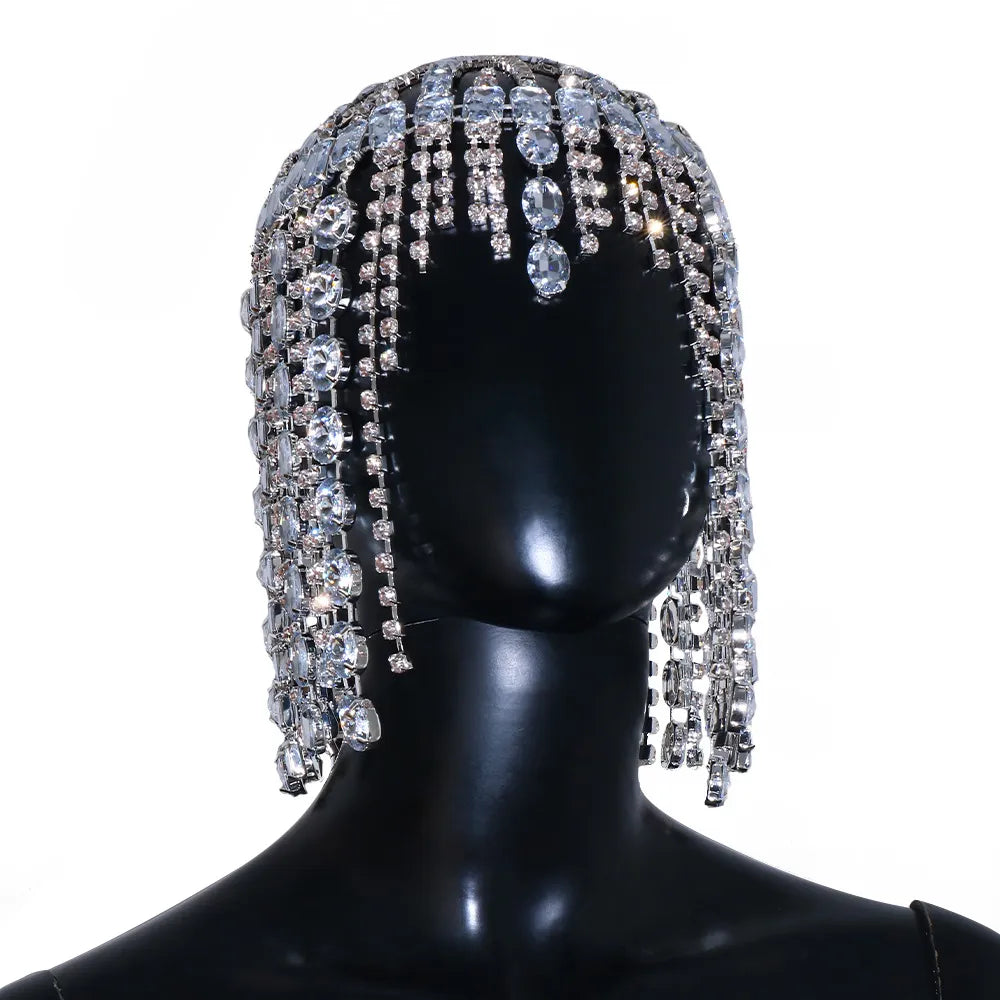 Bling Performance Rhinestone Long Fringed Hair Chain Wig Stage Headwear