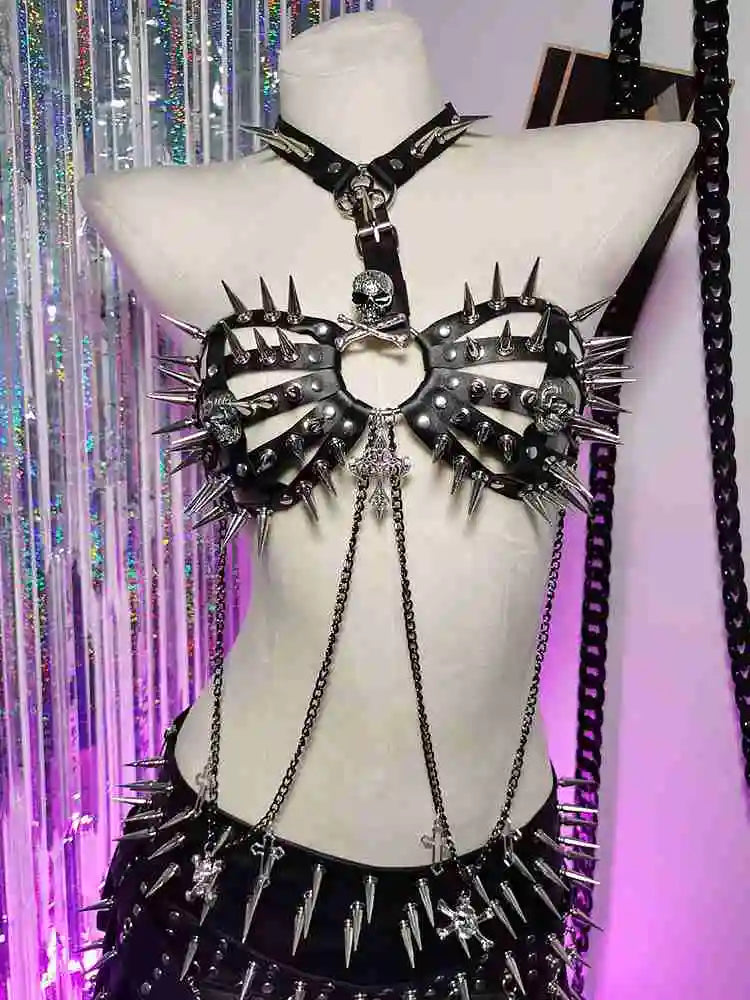 Spike Rivet Studded Goth Punk Rock Grunge Revival Skull Chest Harness