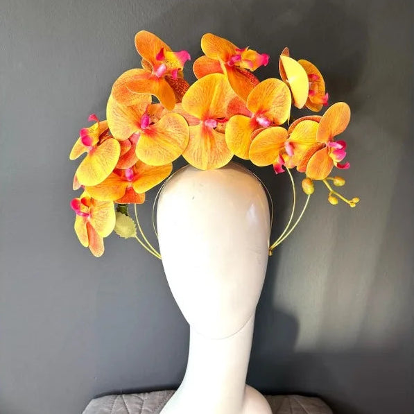 Orchids Fascinator Orange Hot Pink Race Season Headpiece