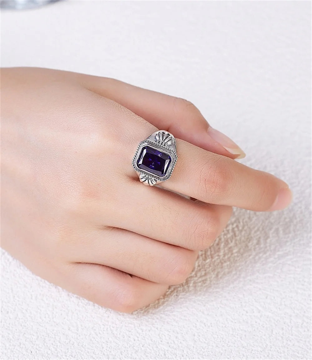 Maga's Portal Key S925 Sterling Silver Diamond Ring Square Natural Amethyst