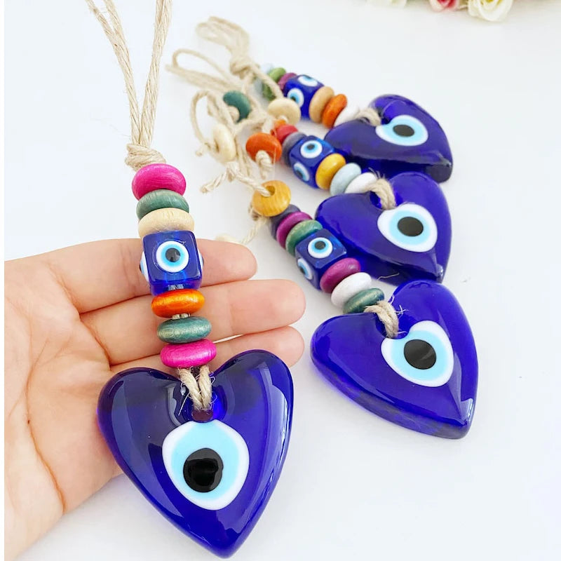 Protection Charm Turkish Evil Eye Hamsa Glass Heart Shape Wall Hanging Keychain