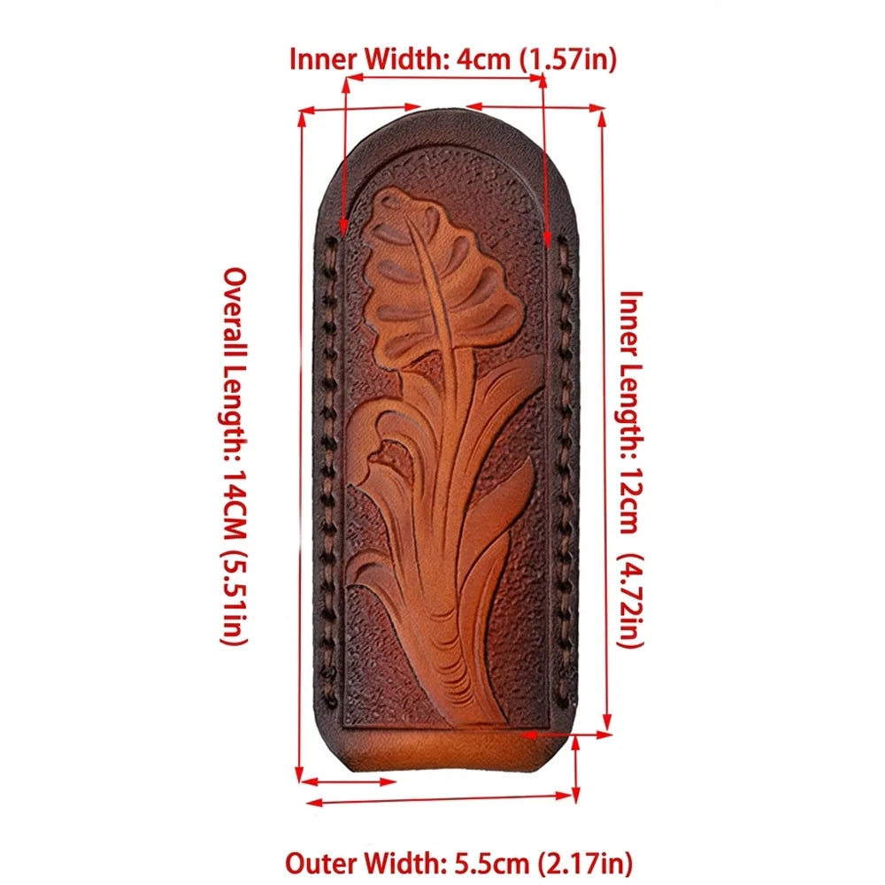 Hand‑Carved Genuine Leather Knife Sheath Belt Loop Protective Pouch for Small Folding Knives