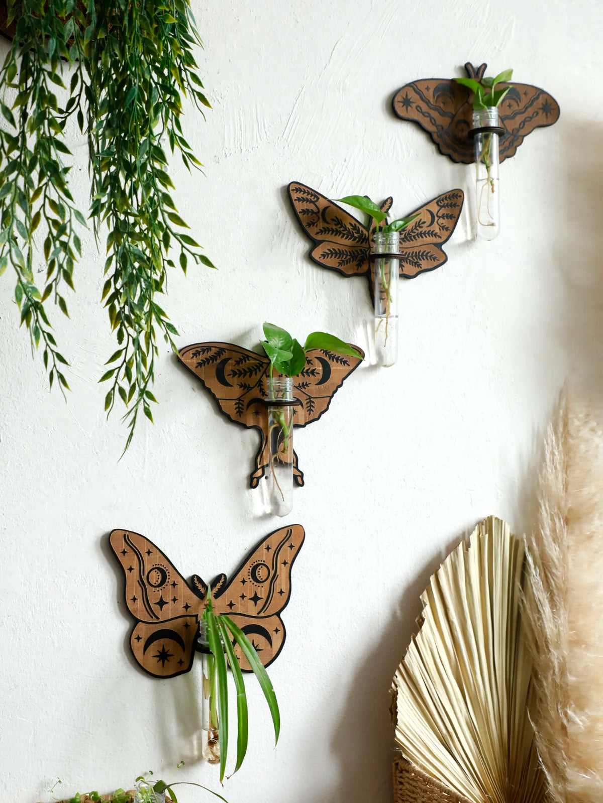 Butterfly Wall-Mounted Propagation Station Wooden Hanging Plant Holder with Plastic Tubes for Indoor Plants