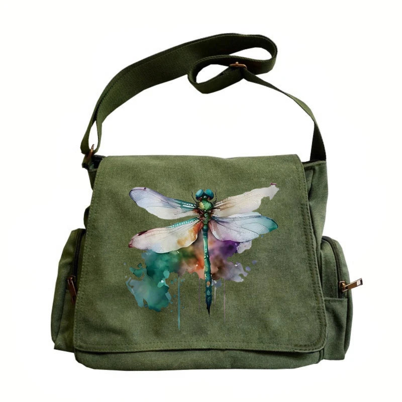 Watercolour Dragonfly Print Canvas Shoulder Bag Crossbody Messenger Bag
