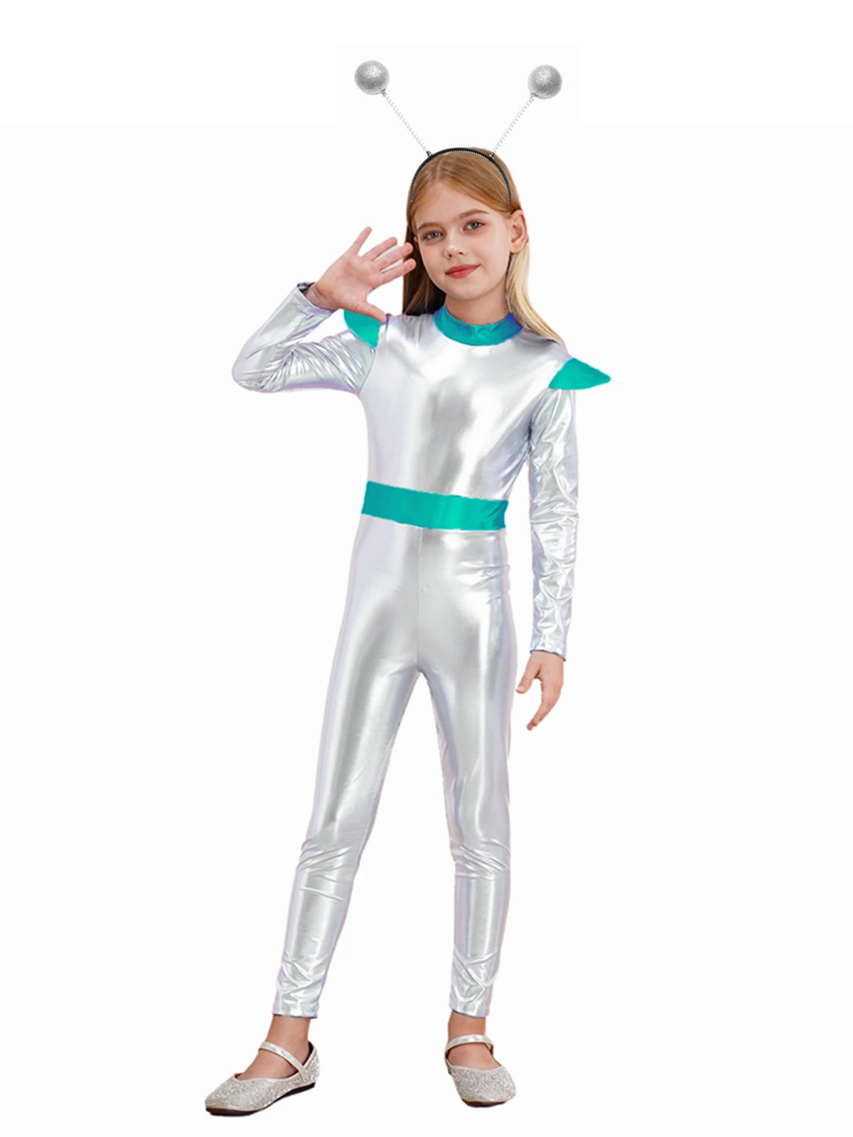 Girls Boys Alien Costume Shiny Metallic Full Body Suit Space Astronaut Robot Halloween Dress Up