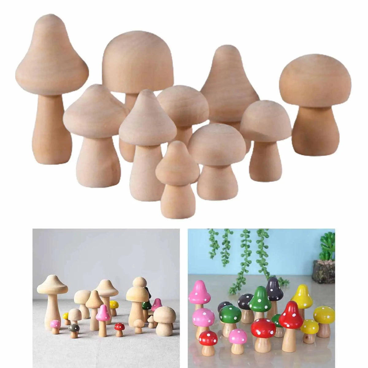 Ten Unfinished Wooden Mushrooms DIY Craft Paint