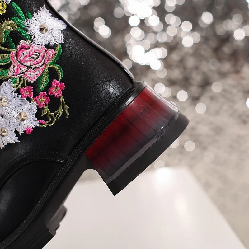 Wildflower Embroidery Lace Up Ankle Boots Black Platform Chunky Heels Large Sizes