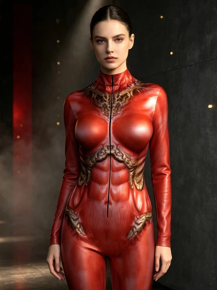Women Red Alien Jumpsuit Printed Bodysuits Halloween Party Cosplay Costume