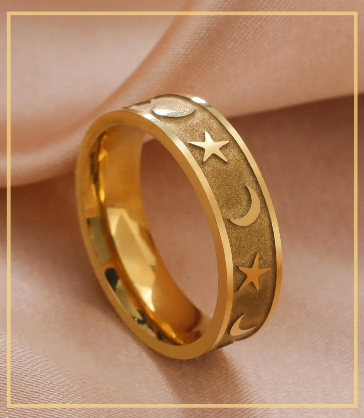 Boho Moon Star Ring Matte Gold Colour Stainless Steel Band Rings