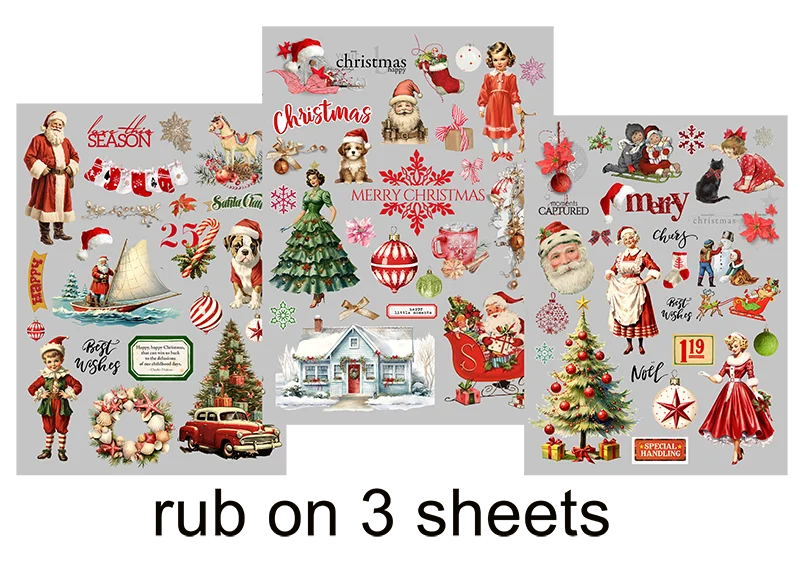 3 Sheet Large Christmas RUB ON Transfer Stickers Junk Journal DIY Scrapbooking Craft Stickers