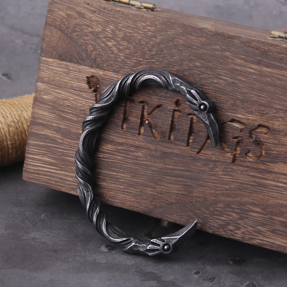 Stainless Steel Nordic Viking Norse Raven Cuff Bangle Mens Gift with Wooden Box