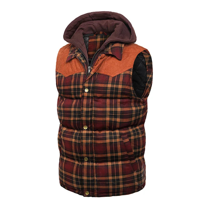 Woodsman Cotton Plaid Hooded Puffer Vest Jacket Thick Warm Winter Plaid Sleeveless Coat