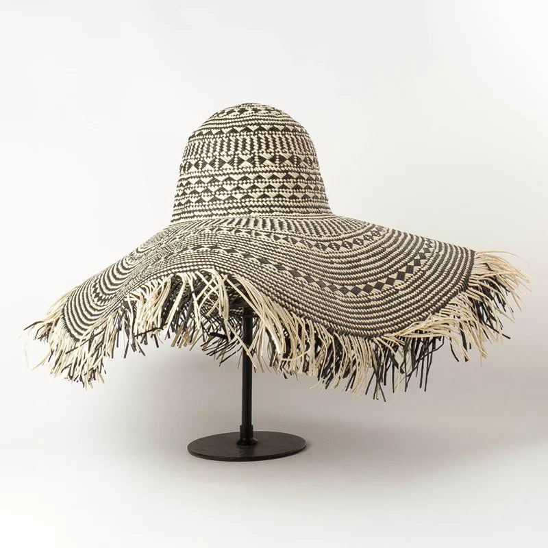 Black and White Large Brim Floppy Straw Summer Hats