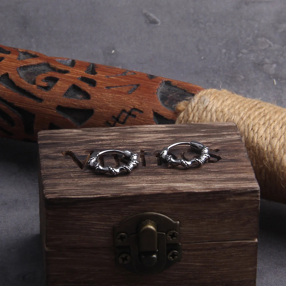 Viking Rope Stainless Steel Huggie Hoop Earrings for Men with Wooden Box