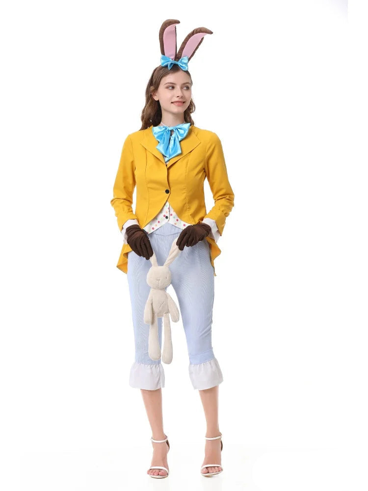 Women's Gentleman Rabbit Cosplay Costume Halloween Carnival Party Stage Performance Set With Bunny Ear Headwear Bow Tie Gloves