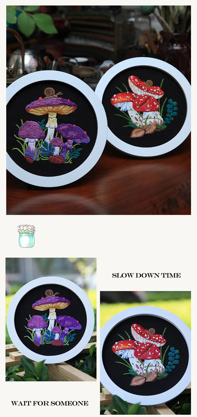 DIY Mushroom Embroidery Kit with Hoop Beginner Needlework Set