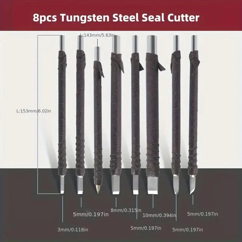 β8pcs Tungsten Steel Carving Chisels Set - Leather Handle & Bag for Stone/Wood/Metal Engraving