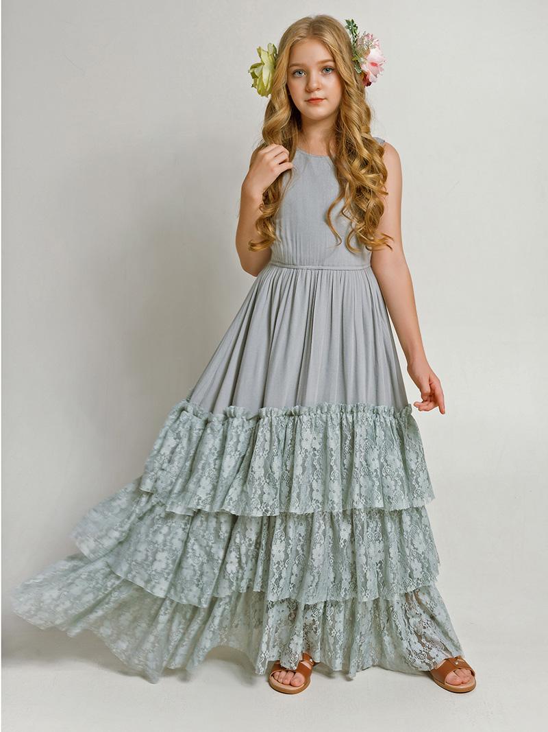 Girls Flower Girl Dress Lace Cotton Maxi Dresses