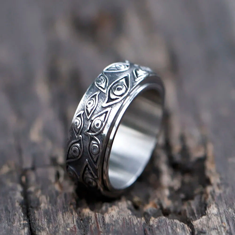 Japanese Mythology Carved Eyes Stainless Steel Rotatable Ring Anxiety Fidget Turning Ring