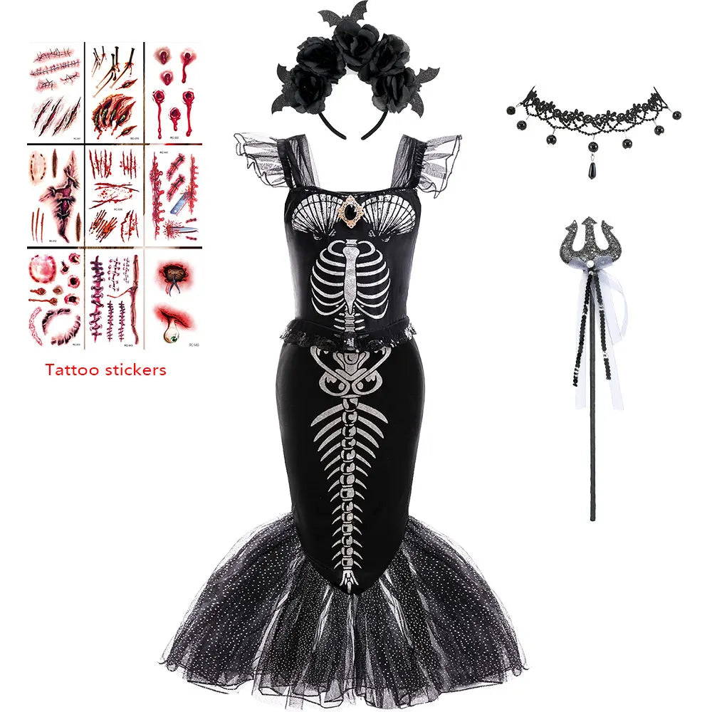 Halloween Mermaid Skeleton Costume Sets Gothic Girls Black Dress